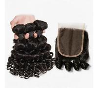 FUIBEJAE 10A Cheveux Vierge Bouclés et Rebondissants 3 Paquets avec Fermeture en Dentelle 4X4 Cheveux Brésiliens Non Traités à Double Trame Extensions de Cheveux Humains Courts,22 22 22+20closure