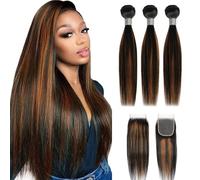 FUIBEJAE #1b/30 Bundles Ombre Loose Deep Straight Human Hair Bundles Brun Et Noir Straight 3Bundles Brazilian Remy Hair 4X4 Free Part Lace Closure pour les femmes noires,14 16 18+14 inch