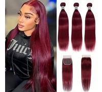 FUIBEJAE #99J Straight Bone Human Hair Bundles Loose Deep Wine Red Straight 3Bundles Brazilian Remy Hair 4X4 Free Part Lace Closure pour les femmes noires,18 20 22+18 inch