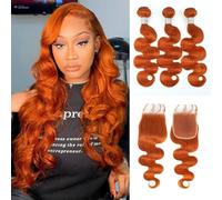 FUIBEJAE Bundles de cheveux humains ondulés profonds lâches Orange #350, 3 bundles avec closure en dentelle, cheveux brésiliens vierges ondulés profonds lâches pour femmes noires,18 20 22+18closure