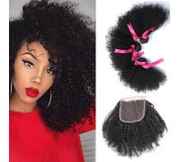 FUIBEJAE Cheveux humains brésiliens 3 paquets avec fermeture en dentelle, cheveux courts afro crépus bouclés, extensions en tissage ondulé, cheveux vierges non traités pour femmes,8 10 12 +8inch