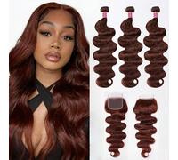 FUIBEJAE Cheveux Humains Brésiliens Non Transformés, Bundles Doubles Tirés, 3 Paquets Ondulés Bouclés Marron Reddish avec Fermeture en Dentelle 4X4, Extension de Tissage Bou 14 16 18+14closure
