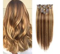 FUIBEJAE Clip dans les extensions de cheveux humains brun chocolat à blond caramel Clip droit dans Remy Real Natural Hair Extensions pour femmes, 7 Pcs 16 Clips,14"(35cm) 70g