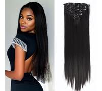 FUIBEJAE Clips dans les extensions de cheveux pour les femmes, 22 pouces de long droit sans couture clips dans les extensions de cheveux, 7 pcs ensemble 16 clips, postiches invisibles,Noir