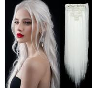 FUIBEJAE Clips dans les extensions de cheveux pour les femmes, 22 pouces de long droit sans couture clips dans les extensions de cheveux, 7 pcs ensemble 16 clips, postiches invisibles,Blanc