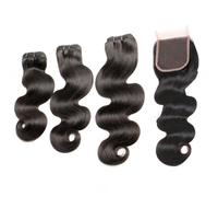 FUIBEJAE Corps ondulé bouclé 3 paquets avec fermeture en dentelle 4X4, mèches de cheveux humains tirées deux fois, tissage court bou résiliens non traités, tête complète,26 28 30+20(4x4)