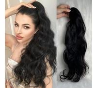 FUIBEJAE Extension de queue de cheval, extensions de cheveux humains ondulés en corps avec pince à griffes à cordon, queue de cheval bou longue à clip pour femmes noires