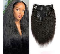 FUIBEJAE Extensions de cheveux à clip pour les femmes, noir Kinky droit sans couture clip dans les extensions cheveux humains, 8 pcs ensemble 18 clips, postiches invisibles pour nous,18inch(45cm)