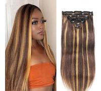 FUIBEJAE Extensions de cheveux à clip pour les femmes, Piano Color Straight Seamless Clip In Extensions Cheveux Humains, 8 Pcs Set 18 Clips, Postiches Invisibles Tape-In Pour Nous,20inch(50cm)