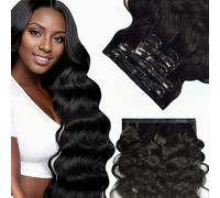 FUIBEJAE Extensions de cheveux à clips, 7 pcs 16 clips cheveux ondulés naturels Remy humains noirs, extension à clip invisible avec pointes épaisses pour femmes et filles,Body wave,24inch