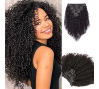 FUIBEJAE Extensions de cheveux à clips Afro, 8 pièces 20 clips, cheveux humains Remy bouclés naturels noirs, extensions à clips invisibles avec pointes épaisses pour femmes et filles,20inch