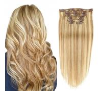 FUIBEJAE Extensions de cheveux blonds bruns 7 pièces 16 clips Trames de dentelle Clip dans les extensions de cheveux Clips de cheveux humains sur extensions épais pour femmes,24inch (60cm) 100g