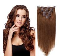 FUIBEJAE Extensions de cheveux châtain clair clip dans les cheveux humains #6 Extensions châtain 7Pcs Remy Cheveux Soyeux Raide 16Clips Un paquet pour les femmes Utilisation quotidienne,18inch