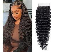FUIBEJAE Fermeture en dentelle 4x4 Partie libre Frontale en cheveux humains Fermeture profonde avec cheveux de bébé en dentelle transparente Cheveux humains Pré-dépouillée Noir naturel,14inch
