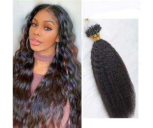 FUIBEJAE Micro liens cheveux humains pour les femmes, noir Kinky droit Micro perle Extensions de cheveux Cheveux humains Micro boucle Anneau Extensions de cheveux humains, 100G 100 brins,16inch