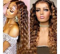 FUIBEJAE Perruque Front Lace en Cheveux Humains Ondulés Profonds Piano Color 13X4 HD, Densité 150%, Brésilienne Vierge, Vagues Humides, Vague Ananas pour Femmes Noires, P4/27#,16inch