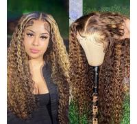 FUIBEJAE Piano Color 13X4 HD Perruques à Dentelle Frontale Bouclée en Cheveux Humains, Densité 150% Perruque Brésilienne Vierge Ondulée Humide Vague Ananas pour Femmes Noires, P4/27#,16inch