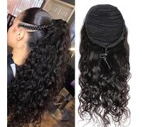 FUIBEJAE Ponytail à cordon pour femmes noires Extension de queue de cheval ondulée d'eau Cheveux humains Cheveux brésiliens Remy Queue de cheval en cheveux humains Noir naturel,10inch