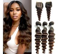 FUIBEJAE T1B / 2/4 Ombre Lâche Deep Wave Cheveux Humains Bundles Dégradé Couleur Bouclé Vague 3Bundles Brésiliens et 4X4 Fermeture En Dentelle De Partie Libre Pour Femmes Noires,12 14 16+12 inch