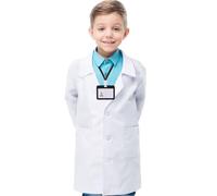 FUIPVGI 2 Pièces Blouse Blanche Enfant avec Étiquette Nominative, Blouse Chimie Blouse Laboratoire Enfant Costumes Docteur Scientifiques pour Garçons Filles pour Cosplay Activités Scolaires (White, L)