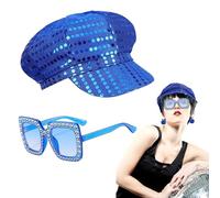 FUIPVGI 2 Pièces Chapeau à Paillettes Set Accessoires Disco Année 70 pour Adulte pour Femme et Fille, Bleu Deguisement Disco Accessoire avec Chapeau, Lunettes de soleil, pour Fête,Spectacles de Jazz