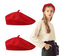 FUIPVGI 2 Pièces Chapeau Béret Français Béret en Laine pour Adulte, Femme Béret Gavroche Artiste Moderne Peintre Chapeau, Béret Basque Adulte Chapeau Thème Déguisement, Taille Unique (Rouge)