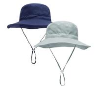 FUIPVGI 2 Pièces Chapeau Soleil Bob Été Anti UV Enfant, Bébé Chapeaus de Seau à Bord Large, Casquette de Plage Pliable avec Mentonnière Réglable (Gris, Bleu Foncé)