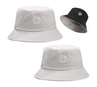 FUIPVGI 2 Pièces Chapeaux Seau,Chapeaux de Soleil Double FaceChapeau Seau Brodé Marguerite,Casquette de Plage Réversible en Coton Respirant Pliable pour Filles Shopping Randonnée(2 PCS)