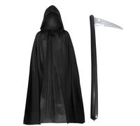 FUIPVGI 2 Pièces Costume de Faucheuse,Cape à Capuche Noire de 140 cm deLlong, Faucille Gonflable,Costumes de Faucheuse d'horreur Mystérieuse pour Halloween Enfants et Adultes fête d'Halloween (2 PCS)