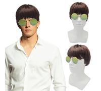 FUIPVGI 2 Pièces Perruques Britpop et Lunettes à Monture Ronde pour Homme, Accessoire de Déguisement, Perruque de Personnage de Film pour Homme, Déguisement des Années 1990, Années 1960 (Marron)