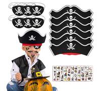 FUIPVGI 22 Pcs Accessoires Pirates pour Enfants, 6 Pcs Chapeau Pirate 6 Pcs Cache Oeil Pirate 10 Pcs Autocollants de Tatouage Pirates, Chapeau de Pirate Feutre pour Cosplay, Fêtes, Halloween (22 Pcs)