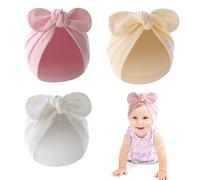 FUIPVGI 3 Pièces Bonnet Bebe, Coton Bébé Turban Bonnets de Naissance Mignon Chapeaux Nœuds Papillons Enfant Casquettes Bonnets Bébé Fille Garçon pour 0-24 Mois (Blanc, Beige, Rose)