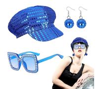 FUIPVGI 3 Pièces Chapeau à Paillettes Set Accessoires Disco Année 70 pour Adultes, Bleu Deguisement Disco Accessoire avec Chapeau, Lunettes de soleil, boucles d'oreilles, pour Fête,Spectacles de Jazz