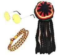 FUIPVGI 3 Pièces Chapeau Rasta Dreadlocks avec Lunettes Jaunes Bracelet Tressé, Chapeau Reggae Rasta, Jamaïcain Dreadlocks Perruque Accessoires, Costume de Mascarade pour Fêtes Cosplay (Multicolore)