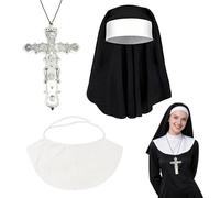 FUIPVGI 3 Pièces Déguisement Nonne Complet Adulte pour Halloween avec Cornette, Nonne Collier & Collier Croix pour Costume Fête Costumée pour Carnaval Spectacle et Théâtre (Noir)