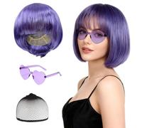 FUIPVGI 3 Pièces Perruque Violet Femmes, Perruque Bob avec Frange, Cheveux Synthétiques avec Bonnet et Lunettes de Soleil Fête à Thème Carnaval Soirée Déguisée (Violet)