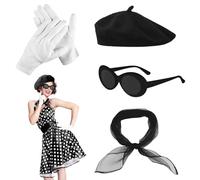 FUIPVGI 4 Pièces Années 50 Costume Accessoires, Années 50 Femmes Costume, Ensemble Années 50 Béret, écharpe, Lunettes de Soleil, Gants, Soirée de Déguisement Fête Party Carnaval Halloween