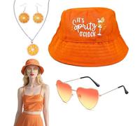 FUIPVGI 4 Pièces Bucket Hat Chapeau de Pêcheur, Rétro Lunettes Orange Boucles d'oreilles Collier, Chapeau Homme Bob Homme Chapeau de Soleil for Women Girl pour Carnaval Cosplay Costumes Accessoires