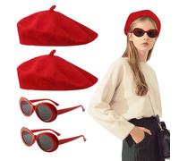 FUIPVGI 4 Pièces Chapeau Béret Français et Lunettes de Soleil, Béret Basque Adulte, Femmes Classique Français Chapeau, Ensemble d'accessoires de déguisement, Béret Casquette, Chapeau Thème Déguisement