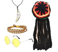 FUIPVGI 4 Pièces Chapeau Rasta Dreadlocks avec Lunettes Jaunes Bracelet Tressé, Collier, Chapeau Reggae Rasta, Jamaïcain Dreadlocks Perruque Accessoires, Costume Mascarade pour Cosplay (Multicolore)