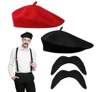 FUIPVGI 4 pièces Costume de déguisement français béret moustache adulte unisexe moustache pour déguisement accessoire de cheveux tenue. (noir rouge)