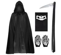 FUIPVGI 4 Pièces Costume de Faucheuse,Costumes de Faucheuse d'horreur Mystérieuse,Cape à Capuche Masque Facial de Crâne,Gants de Crâne,Accessoires de Faucille Gonflables pour Halloween Cosplay (Noir)