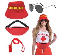 FUIPVGI 4 Pièces Lifeguard Kit Ensemble de Costume Chapeau de Sauveteur des Lunettes de Soleil, un Sac Banane et un Sifflet, Accessoires de Costume de Sauvetage Chapeaux de Soleil (Rouge) (rouge)
