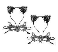FUIPVGI 4 Pièces Serre Tete Oreille de Chat Dentelle Sexy Masque Masque Serre-Tête Chat Masque de Chat Halloween Masque de Yeux Dentelle Vénitien pour Carnaval Soirée Fête (Noir)