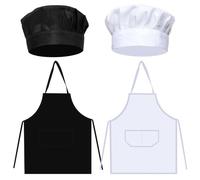 FUIPVGI 4 Pièces Tablier et Chapeau Chef, réglable Chef Tablier de cuisine et toque avec 2 Poches, pour barbecue, traiteur, cuisine, Peinture L'artisanat, Garçons Filles (Blanc, Noir)