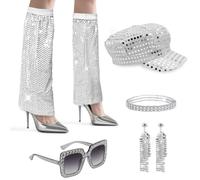 FUIPVGI 5 Pièces 70s Disco Accessoires, Disco Costume Set Paillettes Chapeau Lunettes de Soleil Boucles d'oreilles Bracelet Chauffe-jambe pour Disco Rétro Party Carnaval Fête d'anniversaire (Argent)