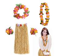 FUIPVGI 5 Pièces Costume de Hula Hawaïen, Jupe Hawaïenne, Hawaiian Herbe Hula Jupe Avec Fleur Leis Collier, Hawaiian Hula Grass Skirt Deguisement Hawaienne Femme, Pour Les Carnavals