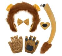 FUIPVGI 5 Pièces Kit d'accessoires de Costume de Lion Bandeau en Peluche Oreilles de Lion,Queue de Nez,Nœud Papillon et Gants,Kit de Costume d'animal,pour Enfants Adultes Fêtes à Thème Halloween(Lion)