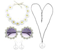 FUIPVGI 5 Pièces Set de Costume Hippie, 60s Années 70 80 Accessoires Hippie, Deguisement Hippie Femme, Bandeau de Fleur Marguerite Lunettes Rondes Collier et Boucles d'Oreilles de Signe de Paix(Blanc)