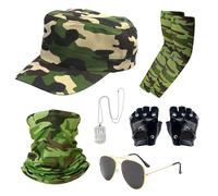 FUIPVGI 6 Pièces Militaire Capitaine de Costume, Déguisement militaire pilote, avec manche, gants, chapeau foulard camouflage, lunettes de soleil et plaque d'identité, pour Halloween Fête (Camouflage)